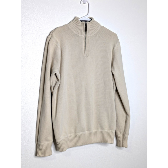 Eddie Bauer Sweater Mens Size Large Beige Cotton 1/4 Zip Knit Ribbed Pullover - Picture 2 of 9